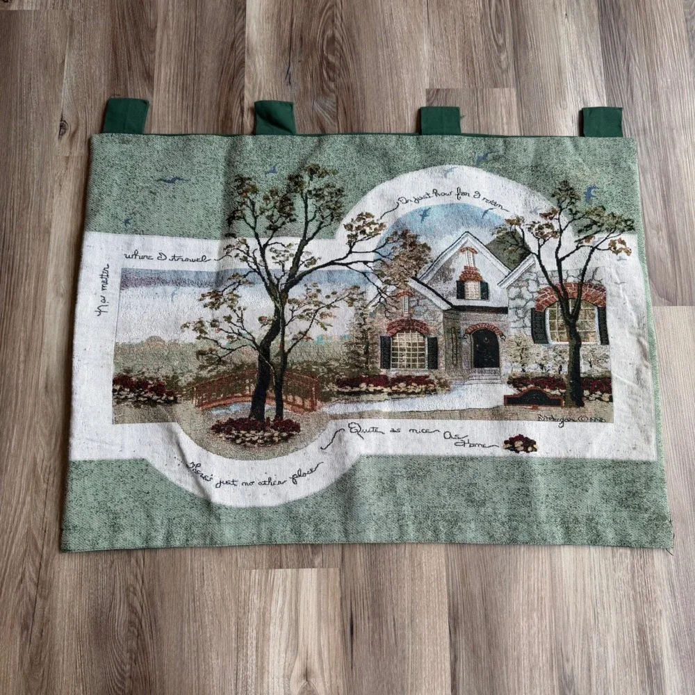 Vintage Woven Tapestry Wall Hanging Home Sweet Home Cottage Scene Green 35x26